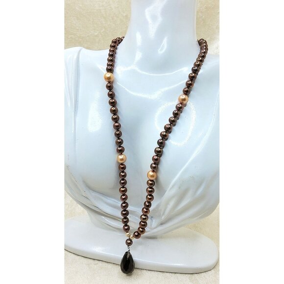 Vintage Sterling Silver Chocolate & Peach Pearl Beaded Necklace With Teardrop Gl - Picture 1 of 4
